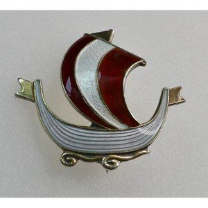 Norway Signed Askel Holmsen Sterling Silver Gray & Red Enamel Viking Ship Brooch